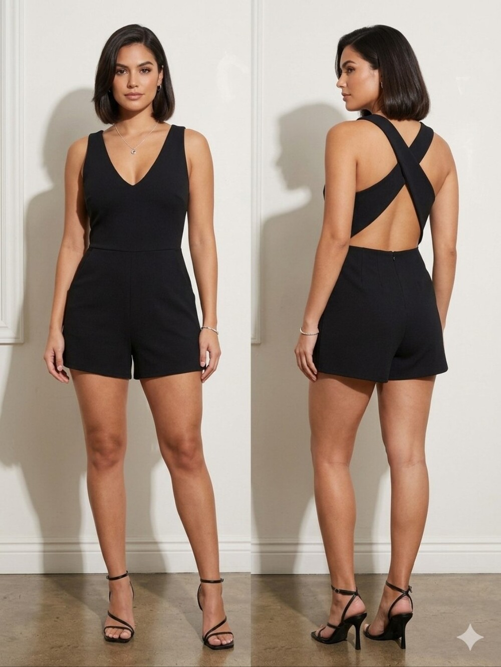 Shorts Romper Mini Cross Back V-Neck with Pockets - Size XS Black Crystal Sky